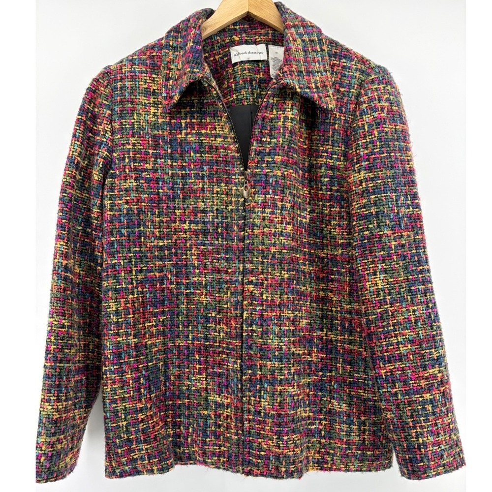 Alfred Dunner Womens Multicolor Tweed Zip Up Jacket Size 10 Rainbow Basketweave